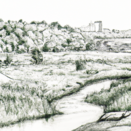 An ecosystem with a river and trees with a city in the the distance | pencil sketch with lots of details