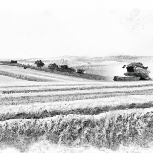 Combine harvester cutting wheat over rolling hills with a grain truck in the distance | drawn as a pencil sketch with lots of details
