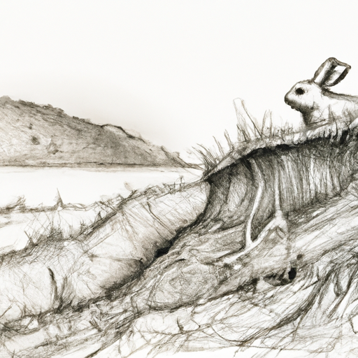 Barren hillside with evidence of erosion with a rabbit in the foreground | pencil sketch drawing with lots of details